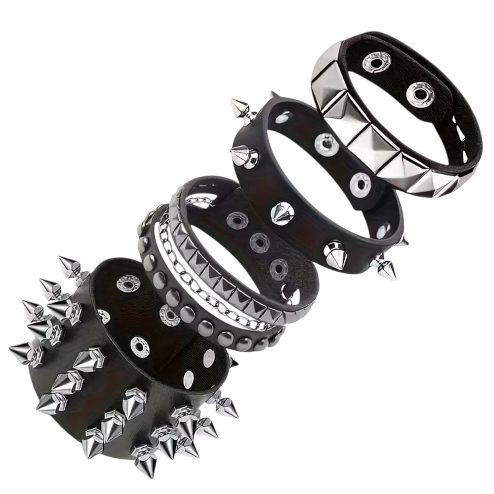 Bracelets (x4) 7”-8” Studded Chain Spikes Black Faux Leather